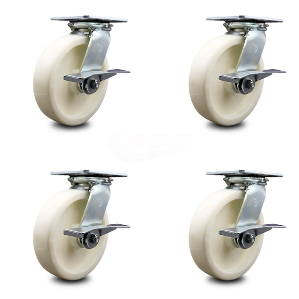 8 Inch Heavy Duty Nylon Caster Set with Ball Bearings and Brakes